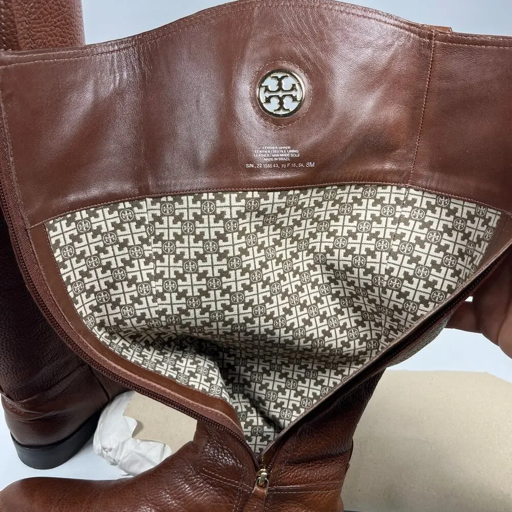 TORY BURCH Boots Womens 8M Junction Riding Equestrian Pebble Leather Brown